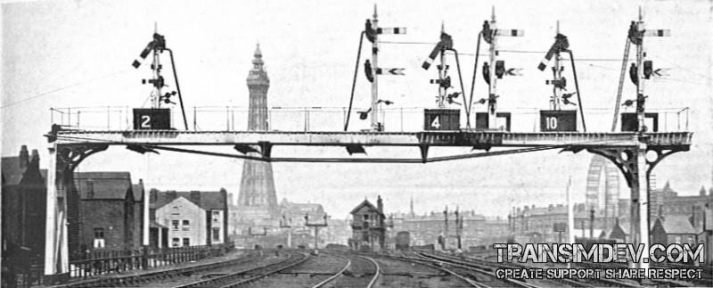 LMS signal gantry with route indicators, Blackpool